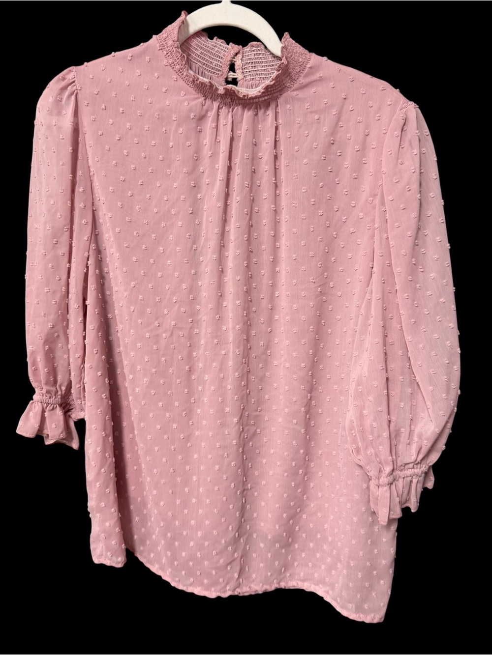 First Love Lovelyn women’s size Large Smock Mockneck blouse Mauve Pink Swiss Dot